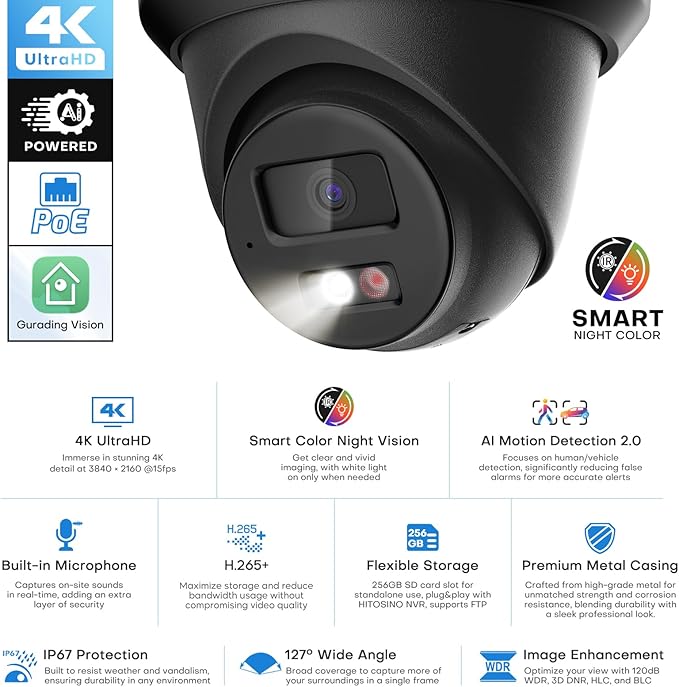 4K IP PoE Camera Outdoor, 8MP PoE Camera Black with Mic/Audio, 98ft IR/Color Night Vision, Human & Vehicle Detection, 127° FOV, MicroSD (256GB), Hik-connect/iVMS4200