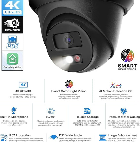 4K IP PoE Camera Outdoor, 8MP PoE Camera Black with Mic/Audio, 98ft IR/Color Night Vision, Human & Vehicle Detection, 127° FOV, MicroSD (256GB), Hik-connect/iVMS4200