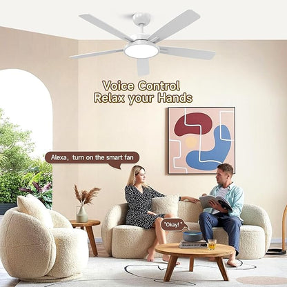 Roomratv 52 Inch Smart Ceiling Fan Compatible with App/Alexa/Google home | White,Beep-Off ,Ultra Quiet,Bright and Dimmable Led Light,Energy saving,Reversible,Remote Control