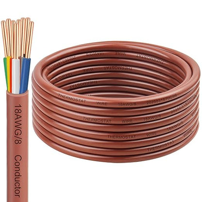 18/8 Thermostat Wire 20FT, 18 AWG 8-Conductor Solid Bare Copper HVAC Control Cable, CL2 Rated for in-Wall Installation, Perfect for Smart Thermostats, Doorbells & Security Systems