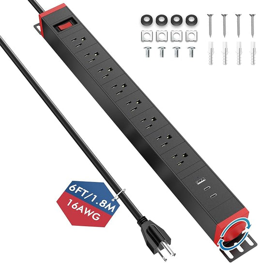 360° Rotating Mountable Power Strip with USB Ports, 8 Outlet Surge Protector Power Strips Wall Mount, Metal Heavy Duty Versatile Outlet with 6FT Power Cord,For Home Office Industrial Garage Commercial