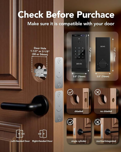 DEVO G1 Video Smart Lock with Camera & Doorbell, 6-in-1 Keyless Entry Door Lock for Front Door with Fingerprint, Auto Locks, App Remote, Wi-Fi Smart Deadbolt Black