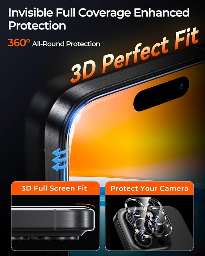 UNBREAK TOP 9H+ Glass 2+2 Packs for iPhone 16 Pro Max Screen Protector 6.9'' with Camera Lens Protector [Zero Bubble, Auto-Dust Removal] [10X Military Protection] Tempered Glass Full Edge Coverage