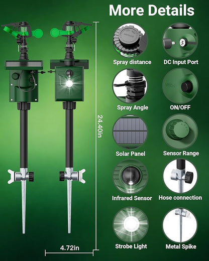 Motion-Activated Sprinkler, Solar Animal Repellent Outdoor - 2 Packs Deer Cat Deterrent with Motion Sensor & Flashing Lights, Protects Yard & Garden from Deer, Cats, Raccoons