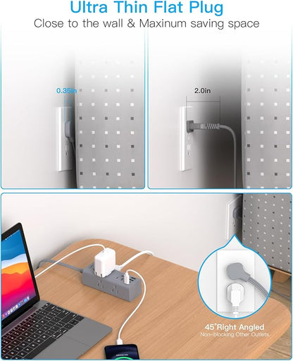 15Ft Extension Cord with Multiple Outlets, Flat Plug Power Strip Surge Protector with 15 Ft Long Cord, 6 Outlet 4 USB Ports (2 USB C), Multi Outlet Wall Plug for College, Dorm Room Essentials(Grey)