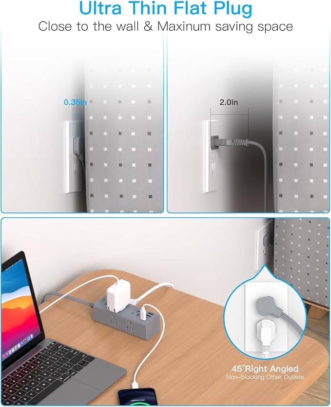 3Ft Extension Cord with Multiple Outlets, Flat Plug Power Strip Surge Protector with 3 Ft Cord, 6 Outlet 4 USB Ports (2 USB C), Multi Outlet Wall Plug for Travel, College, Dorm Room Essentials(Grey)
