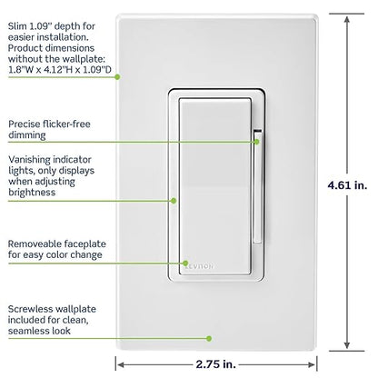 Leviton Decora Smart Dimmer Switch, Wi-Fi, Works with Matter, My Leviton, Alexa, Google Assistant, Apple Home/Siri & Wired or Wire-Free 3-Way, Neutral Wire Required, D36HD-1RW, White