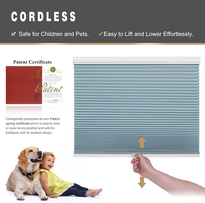 Changshade Cellular Shades Blackout Cordless Custom Size, Honeycomb Indoor Window Blinds Room Darkening 1.5 inch Cell Pleated Easy to Install for Home, Office, Bedroom, Nursey, Blue