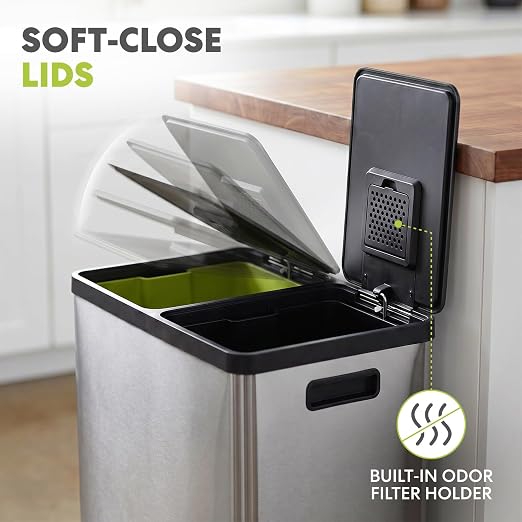 SIMPLI-MAGIC 60 Liter / 16 Gallon Rectangular Hands-Free Dual Compartment Recycling Kitchen Step Trash Can with Soft-Close Lid, Brushed Stainless Steel
