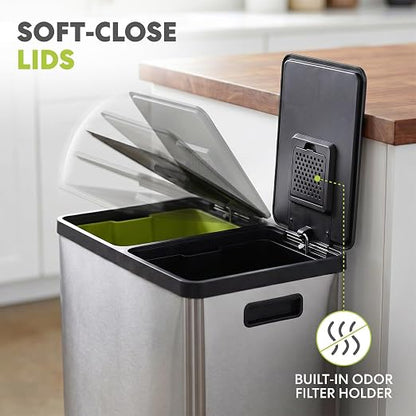 SIMPLI-MAGIC 60 Liter / 16 Gallon Rectangular Hands-Free Dual Compartment Recycling Kitchen Step Trash Can with Soft-Close Lid, Brushed Stainless Steel