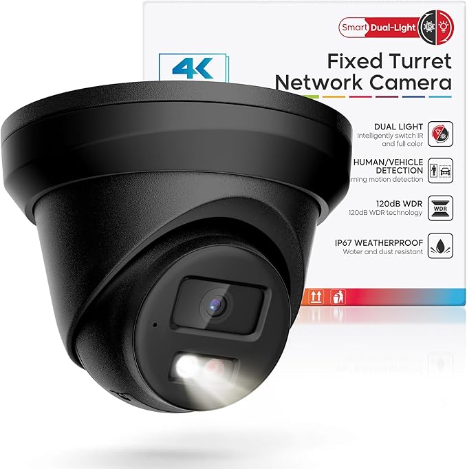 4K IP PoE Camera Outdoor, 8MP PoE Camera Black with Mic/Audio, 98ft IR/Color Night Vision, Human & Vehicle Detection, 127° FOV, MicroSD (256GB), Hik-connect/iVMS4200