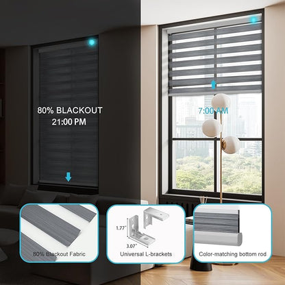 Motorized Zebra Blinds with Remote Smart Blind Work with Homekit Alexa SmartThings Electric Day and Night Shade Cordless Automatic Solar Powered Window Shade Customize(Wooden Texture Grey)