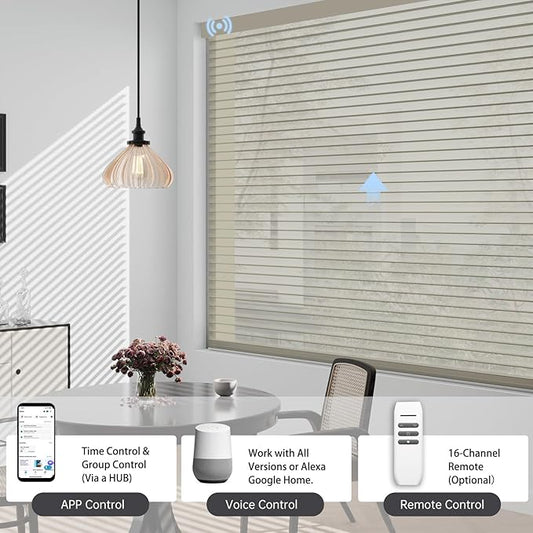 Motorized Sheer Shades with Remote, Automatic Dual-Layered Shades for Windows, Smart Light Filtering Blinds Compatible with Alexa, Custom Size (Light Filtering Golden Brown)