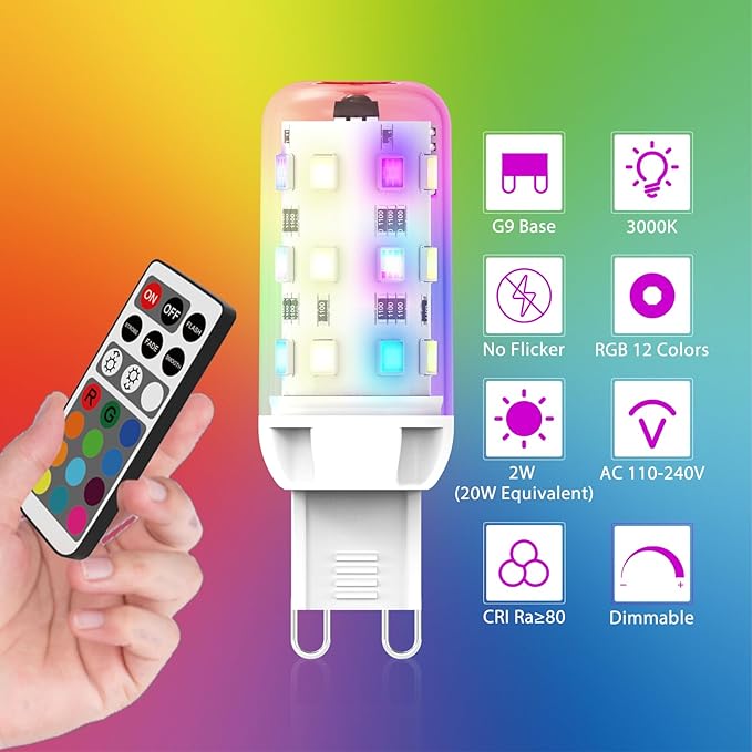 Upgraded G9 RGB Color Changing LED Light Bulbs 2w, Remote Controlled Sync & Memory 4 Moods Dimmable, No Alexa Smart/Wifi/App/Bluetooth, Replacement for 20w 25w Halogen, 150LM, 3000K (2 Pack)