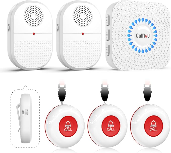 CallToU Wireless Caregiver Pager, 3 Buttons, 2 Portable + 1 Plug-in | Help for Seniors at Home; Dual Battery Vibration Alerts; Outlet Sound/Flash Chime; Bedside, Bathroom & Multi-Room Use