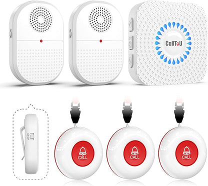 CallToU Wireless Caregiver Pager, 3 Buttons, 2 Portable + 1 Plug-in | Help for Seniors at Home; Dual Battery Vibration Alerts; Outlet Sound/Flash Chime; Bedside, Bathroom & Multi-Room Use