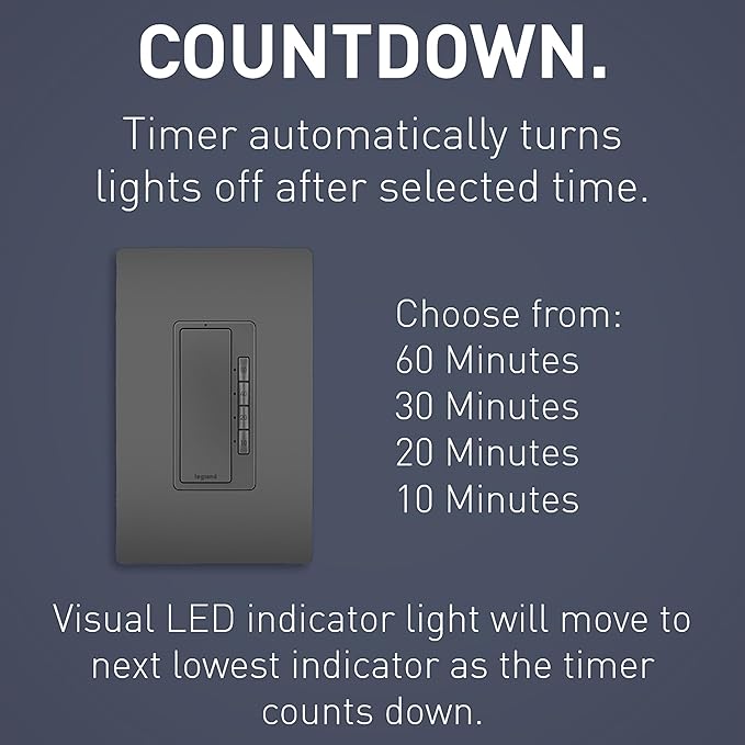 Legrand Radiant Digital Countdown Timer Switch for Lights, Auto-Off Timer Light Switch with Locator & Time Indicator, 60/40/20/10 Minute Settings, RT2BK, Black, 1 Count