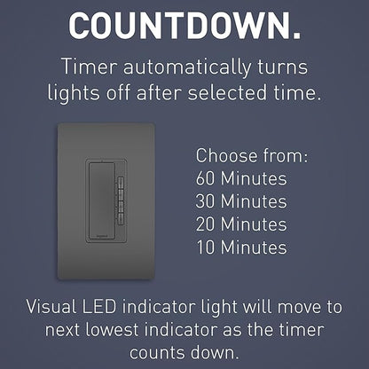 Legrand Radiant Digital Countdown Timer Switch for Lights, Auto-Off Timer Light Switch with Locator & Time Indicator, 60/40/20/10 Minute Settings, RT2BK, Black, 1 Count