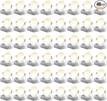 FREELICHT 48 Pack 4 Inch 5CCT Ultra-Thin LED Recessed Ceiling Light with Junction Box, 2700K/3000K/3500K/4000K/5000K Selectable, 700LM Brightness, Dimmable Canless Wafer Downlight, 10WEqv90W-ETL&FCC