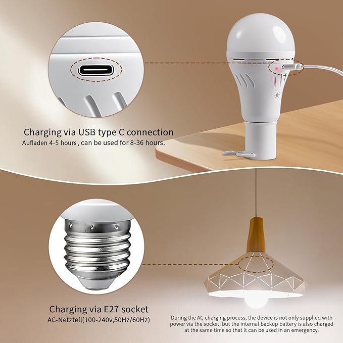 A19 Rechargeable Light Bulbs with Remote,USB & E26 Socket Dual Charging,3 Colors LED Dimmable,Touch,Hardwired & Non-Wired, Battery Operated Backup Light Bulb for Power Outage Camping Outdoor Hurricane