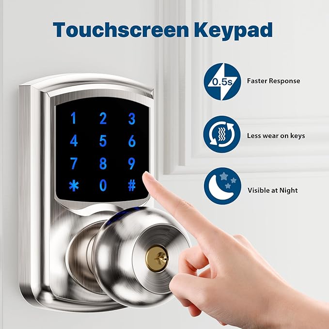 Hidalife Keyless Entry Door Lock with Code, Keypad Door Lock with Handle, Touchscreen Digital Lock with Keypad for Front Door, Auto-Lock, Satin Nickel