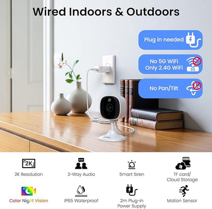 AOQEE 2K Cameras for Home Security-Outdoor/Indoor Camera for Dog/Cat/Pet/Nanny/Baby/Elderly, Color Night Vision, White Light, Siren, 24/7 SD Recordings, Works with Alexa, Plug in (C1-White-2pack-2.4G)