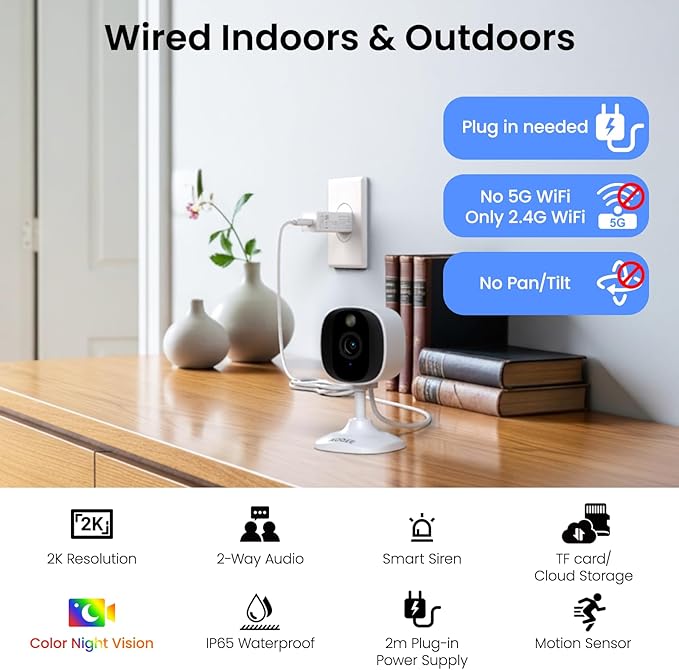 AOQEE 2K Cameras for Home Security-Outdoor/Indoor Camera for Dog/Cat/Pet/Nanny/Baby/Elderly, Color Night Vision, White Light, Siren, 24/7 SD Recordings, Works with Alexa, Plug in (C1-White-4pack-2.4G)