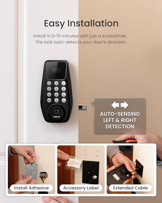 DESLOC C100 Keyless Entry Door Lock with Handle Set, Visual Display | Smart Deadbolt Lock with 100 PIN Codes, Passage Mode, 2 Keys, IP54 Weather Resistance, 12-Month Battery, Auto Lock, Black
