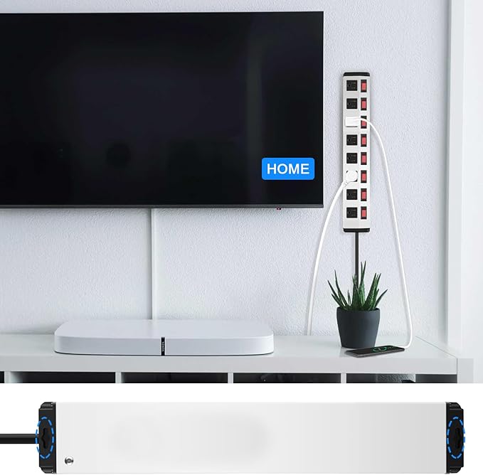 8 Outlet Metal Power Strip with Individual Switches,Heavy Duty Appliance Power Strip with Flat Plug,1200J Surge Protector,10FT Extension Cord,15A 120V 1800W,Home Office School Shop Industrial