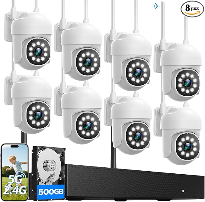 Wireless Security Camera System, CAMCAMP 24/7 Recording Security Cameras Wireless Outdoor 16CH NVR PTZ View 2.4G& 5G WiFi Auto Human Tracking Smart Color Night Vision for Home CCTV Surveillance Kit(8)