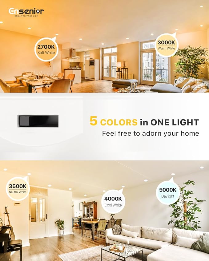 Ensenior 4 Inch LED Can Lights 6 Pack, Dimmable Retrofit Led Recessed Lighting, 5CCT Adjustable Color Temperature (2700K-5000K), 7W=77W 700LM, IC & Damp Rated, ETL&FCC Certified