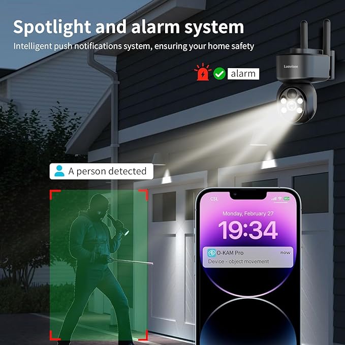 Luovisee 2K Solar Security Camera Wireless Outdoor,WiFi Cameras for Home Security Battery-Powered,Compatible with Alexa,360°PTZ Full Color Night Vision,PLR Alarm,2-Way Audio,Cloud/SD Storage