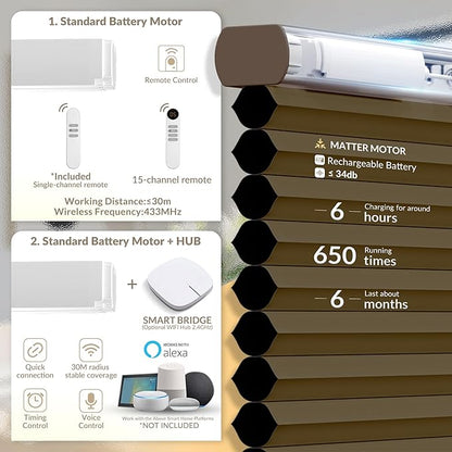 Boolegon No Drill Motorized Cellular Blinds with Remote Motorized Blackout Honeycomb Blinds for Indoor Windows Easy to Install Automatic Cellular Shades for Home,Blackout Dark Brown,Custom Size
