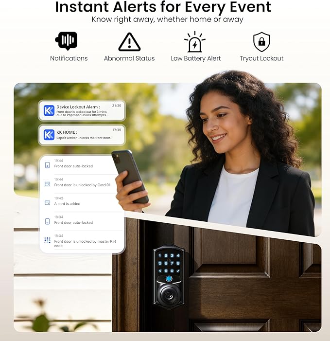 Veise VE028 Built-in Wi-Fi Smart Lock with Knob, Fingerprint Keyless Entry with Handle, App Remote & Voice Control, Electronic Digital Keypad for Front Door and Bedroom, IP65 Waterproof, Matte Black