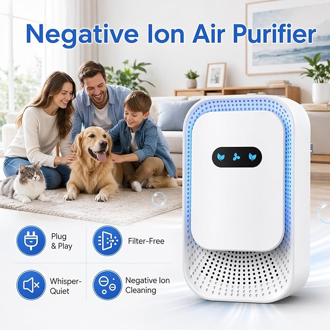 Small Plug In Air Purifier for Home, Negative Ion Air Ionizer with 5dB Quiet Mini Air Freshener for Pet Odor Elimination Cat Litter Boxes Bathroom Kitchens, Ozone Free Filterless, White