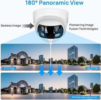 VIKYLIN 8MP 4K Dual Lens Poe IP Security Camera with 180° Panoramic Wide Angle,Smart Hybrid Light, Human/Vehicle Detection, Strobe Light&Audible Warn,2-Way Audio, 512 GB SD Card Slot,IP67 (2mm Lens)