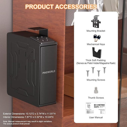 Biometric Slider Figerprint Handgun Safe with Auto Sliding Door&Keypad&Key | PINEWORLD Interior Light & Emergency Power Supply& Voice Navigation & Mute Mode, For Home, Nightstand, Car,Travel. Nice Gift