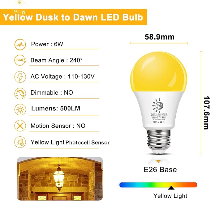 Flaspar Dusk to Dawn LED Yellow Bug Light Bulbs Outdoor, A19 6W Bug Lights for Outside, 40W Equivalent, Non-Attracting, E26 Base, Ideal for Photocell Sensor Porch Patio, Deck, Backyard, 2 Pack