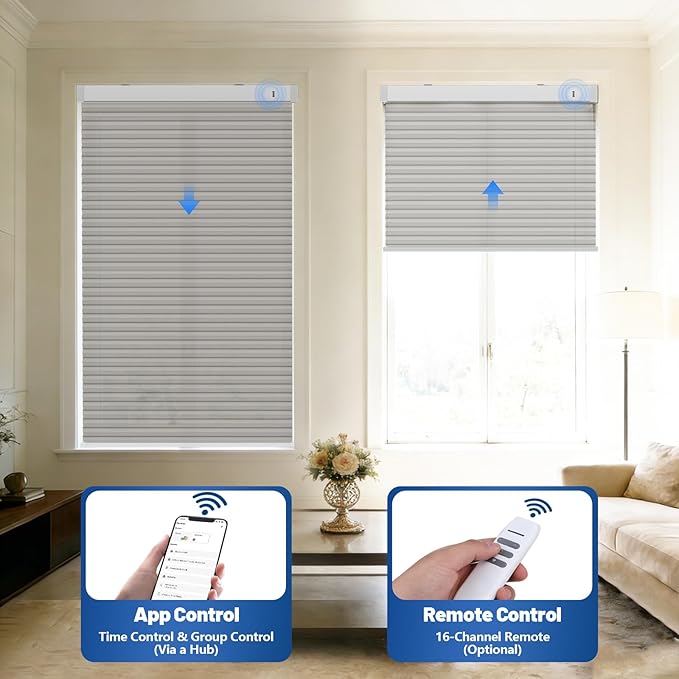 Motorized Cellular Shades with Remote, Smart Cellular Shades Compatible with Apple HomeKit, Alexa & Google Home, Honeycomb Window Blinds for Indoor Windows, Light Filtering Silver Mist