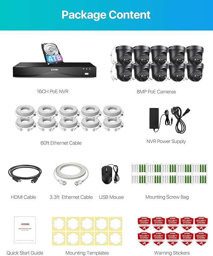 ZOSI 24CH 4K PoE Security Camera System with 4TB HDD,10pcs 4K Outdoor PoE Cameras,Face Person Vehicle Detection,2 Way Audio,Spotlight Siren,Night Vision,24CH 8MP Dual Disk NVR for 24/7 Recording