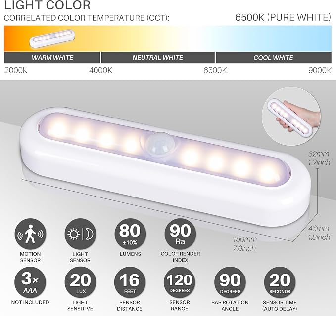STAR-SPANGLED 9 Pack 7” Motion Sensor Lights Indoor Battery Operated, Stick on LED Light for Closet, Stairs, Under Cabinet, Warm White
