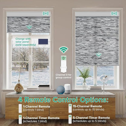 Motorized Roller Shades, Light Filtering Remote Control Custom Window Shades Compatible with Alexa Google Assistant via RF Hub, Rechargeable Electric Blinds for Windows (Texture Black Grey)