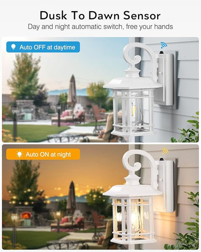 VIANIS White Exterior Lighting Fixtures, 2 Pack Porch Lights Outdoor, Outdoor Wall Lights Dusk to Dawn, Anti-Rust Outdoor Lighting for House, Porch, Garden, Doorway, Seed Tempered Glass