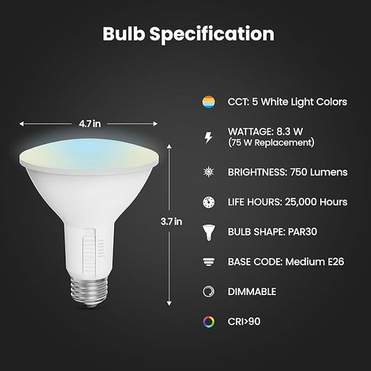 Feit Electric LED Reflector Light Bulb, Dimmable, Adjustable White 2700K–5000K, High CRI, Enhance Series, 25,000-Hour Lifetime, Indoor/Outdoor Use, 75-Watt LED