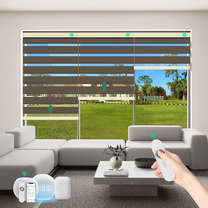 Motorized Zebra Blinds with Remote [Dual Layer + Light Filtering] 95% Blackout Smart Shades for Indoor Windows, Alexa Google and HomeKit Compatible, Customized Size, Equinox Drift