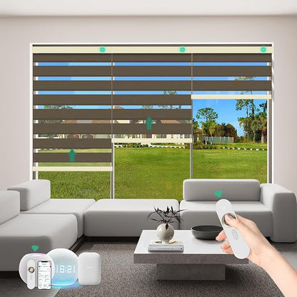 Motorized Zebra Blinds with Remote [Dual Layer + Light Filtering] 95% Blackout Smart Shades for Indoor Windows, Alexa Google and HomeKit Compatible, Customized Size, Equinox Drift