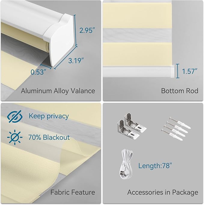 Interior Window Shades, Smart Dual Layer Light Filtering Blinds Compatible with Alexa & Google Home, Customized Size Cordless Electric Window Shades, (Beige, 70% Blackout)
