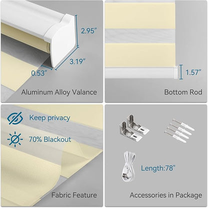 Interior Window Shades, Smart Dual Layer Light Filtering Blinds Compatible with Alexa & Google Home, Customized Size Cordless Electric Window Shades, (Beige, 70% Blackout)