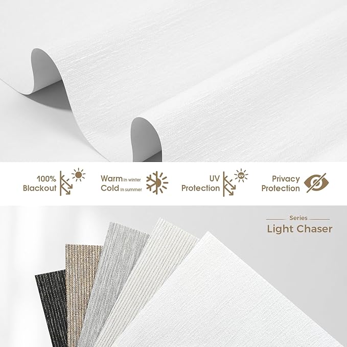 HeyBlinds Motorized Blinds with Remote, 100% Blackout Smart Blinds, Automatic Shades for Windows Compatible with Alexa Google and Homekit, Custom Size(Light Chaser-Perla Bianca BO)