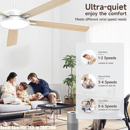 Roomratv 62 Inch Smart Ceiling Fan Compatible with App/Alexa/Google home | White,Beep-Off Function,Ultra Quiet,Bright and Dimmable Led Light,Energy saving,Reversible,Indoor/Outdoor Use